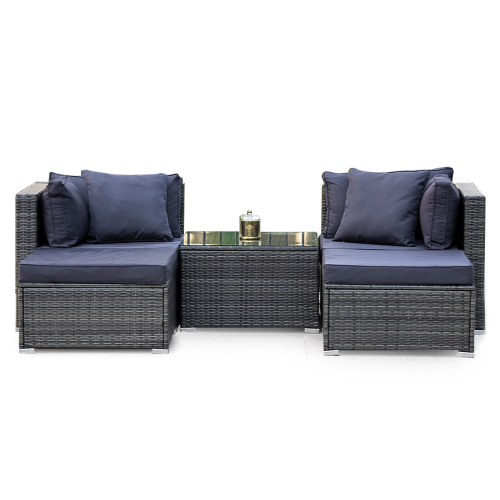 LONDON RATTAN 4 Seater Modular Outdoor Lounge Setting with Coffee Table, Ottomans, Grey