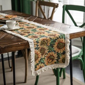 2 PCS Sunflower Table Runner with Fringe - Jacquard Woven Cotton Blend