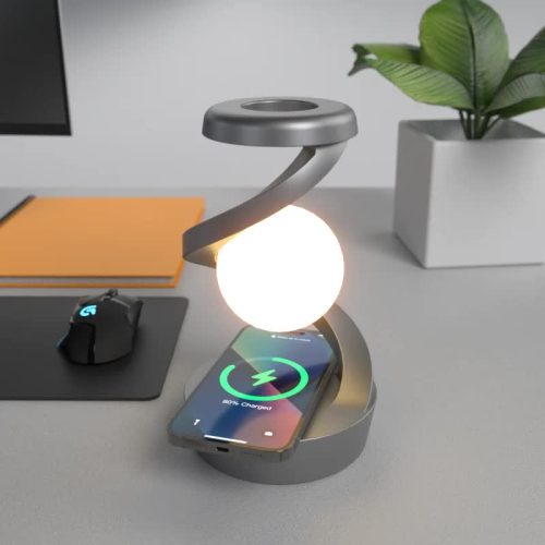 Black 360° Rotating Floating Night Light – Wireless Charging Table Lamp