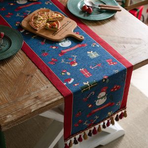 Blue Christmas Festive Table Runner - Blue with Snowman, Reindeer and Happy Holidays