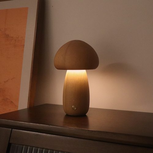 Dun-dun Model Brown Solid Wood Mushroom LED Table Lamp - Rechargeable Touch Control Bedside Night Light (Large)