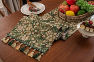 Floral Table Runner with Tassels - Jacquard Green Farmhouse Style