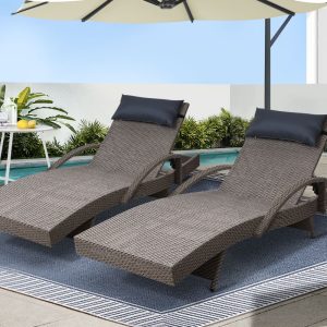 Gardeon 2x Sun Lounge Wicker Lounger Outdoor Furniture Beach Armchair Adjustable Grey