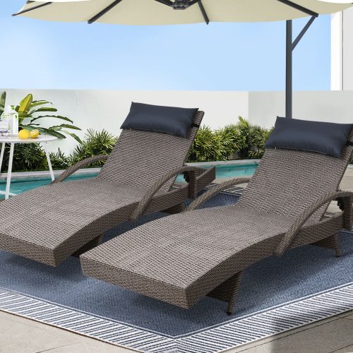 Gardeon 2x Sun Lounge Wicker Lounger Outdoor Furniture Beach Armchair Adjustable Grey