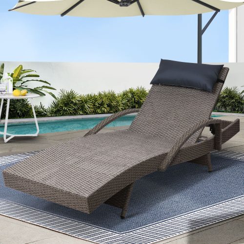Gardeon Sun Lounge Wicker Lounger Outdoor Furniture Beach Armchair Adjustable Grey