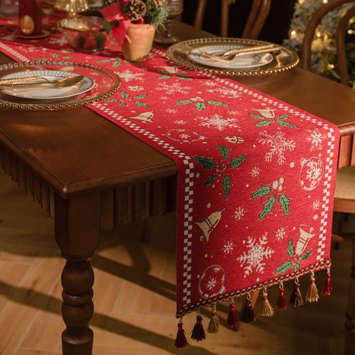 Red Christmas Table Runner with Tassels - Festive Snowflake & Bell Print