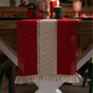 Red-white Vintage-Inspired Chinese Table Runner with Retro Ambiance